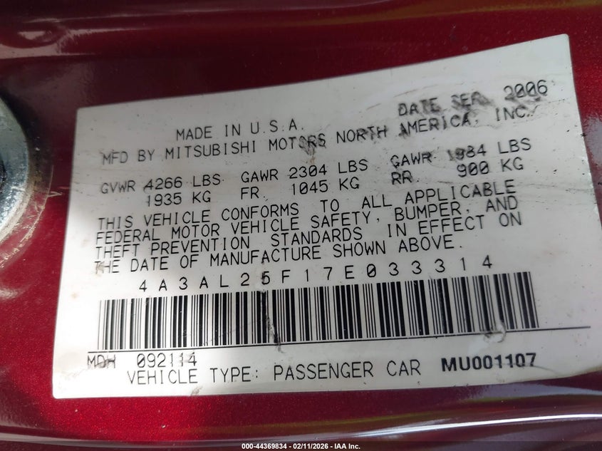 MITSUBISHI ECLIPSE SPYDER 2007 VIN 4A3AL25F17E033314