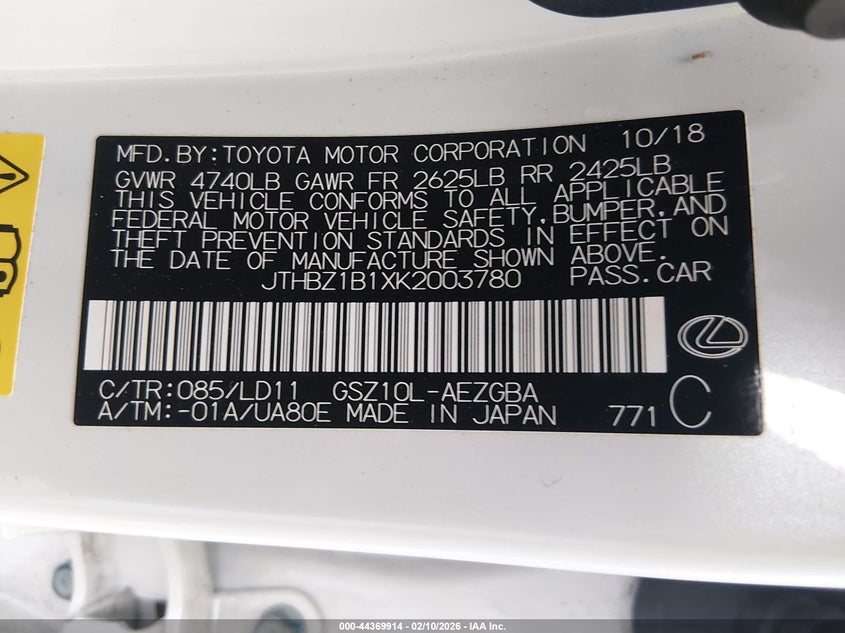 2019 Lexus Es 350 VIN: JTHBZ1B1XK2003780 Lot: 44369914