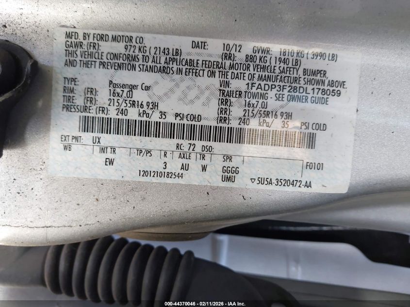 2013 Ford Focus Se VIN: 1FADP3F28DL178059 Lot: 44370046