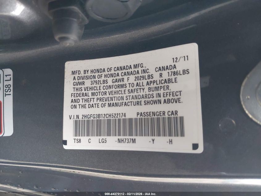 2012 Honda Civic Ex-L VIN: 2HGFG3B12CH522174 Lot: 44370112