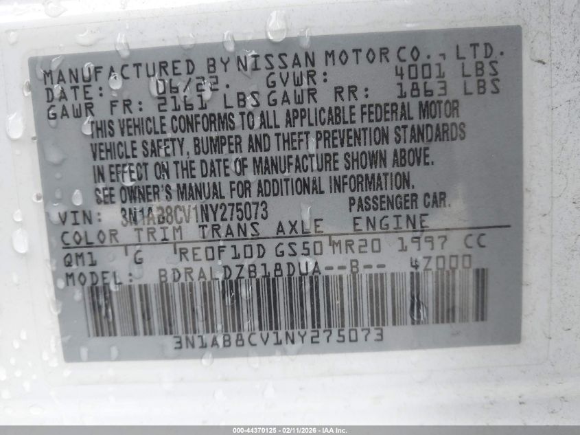 2022 Nissan Sentra Sv Xtronic Cvt VIN: 3N1AB8CV1NY275073 Lot: 44370125