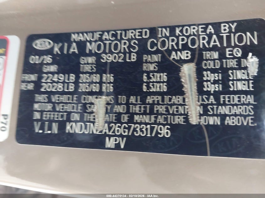 2016 Kia Soul VIN: KNDJN2A26G7331796 Lot: 44370134