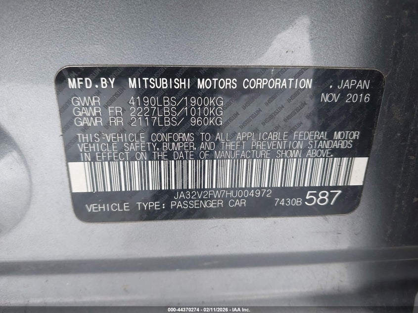 2017 Mitsubishi Lancer Es/Se/Sel VIN: JA32V2FW7HU004972 Lot: 44370274