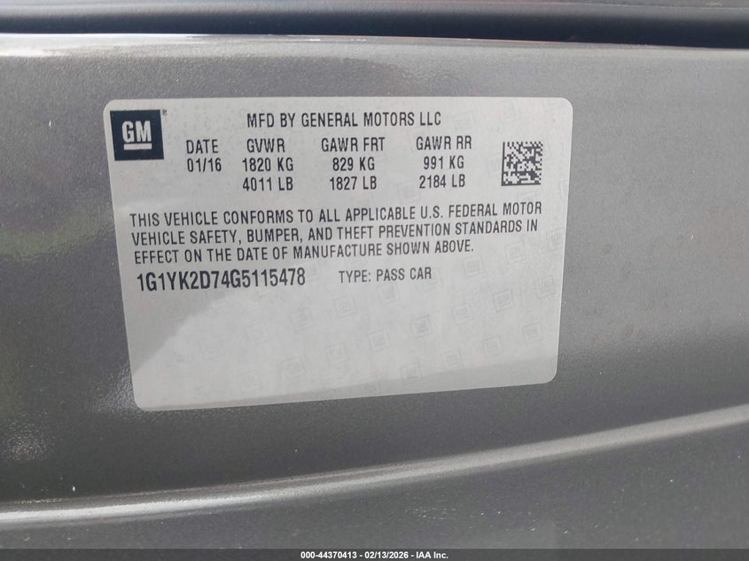 2016 Chevrolet Corvette Stingray Z51 VIN: 1G1YK2D74G5115478 Lot: 44370413