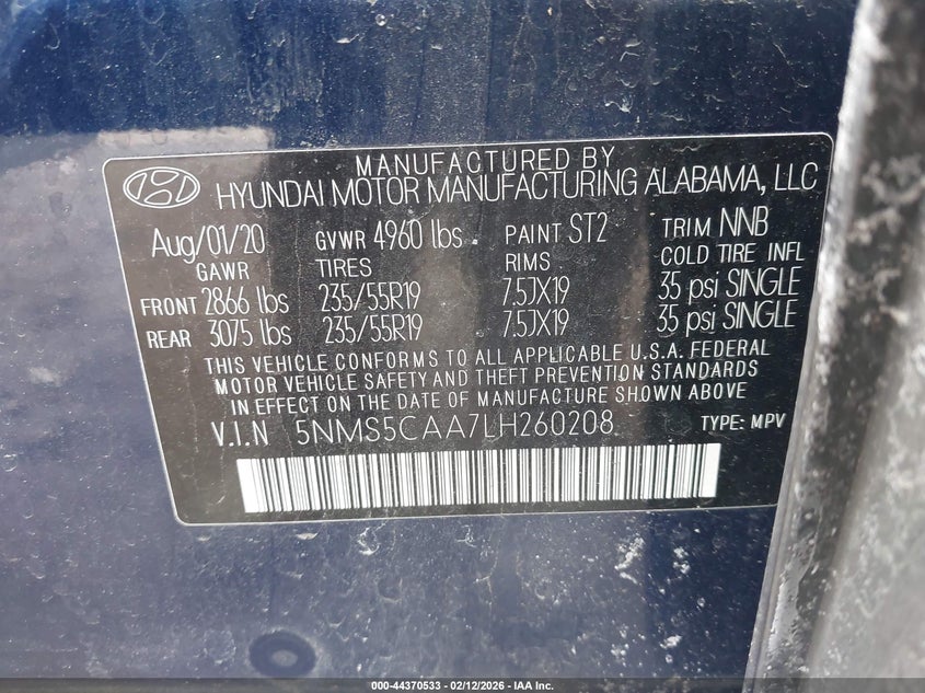 VIN 5NMS5CAA7LH260208 2020 HYUNDAI SANTA FE LIMITED 2.0T
