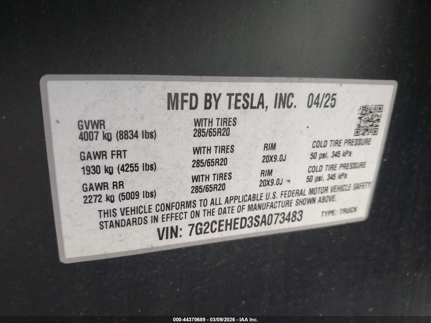 2025 Tesla Cybertruck All-Wheel Drive VIN: 7G2CEHED3SA073483 Lot: 44370689
