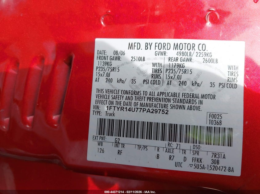 2007 Ford Ranger Sport/Stx/Xl/Xlt VIN: 1FTYR14U77PA29752 Lot: 44371214