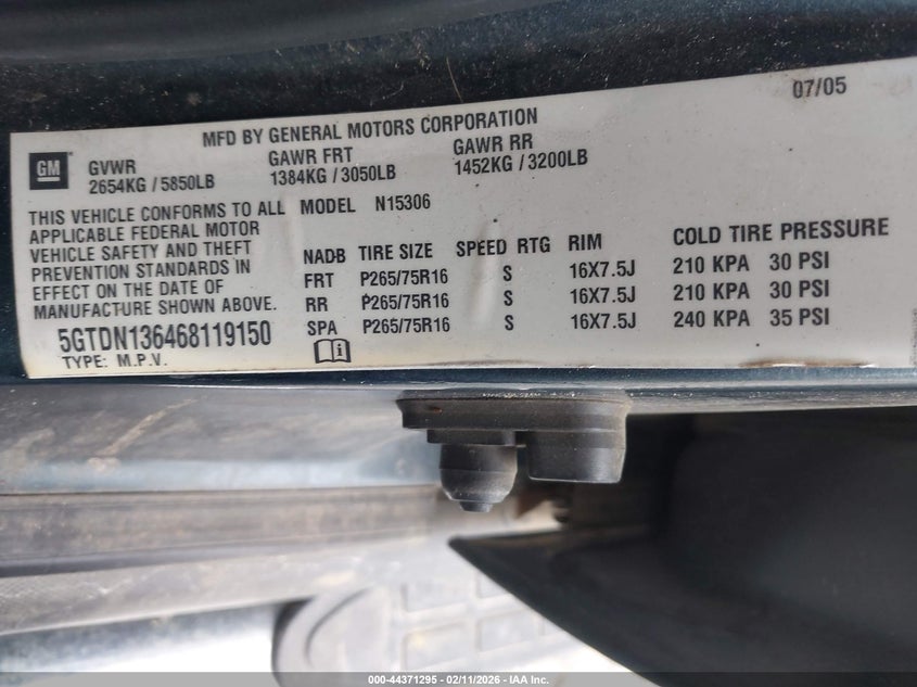 2006 Hummer H3 Suv VIN: 5GTDN136468119150 Lot: 44371295