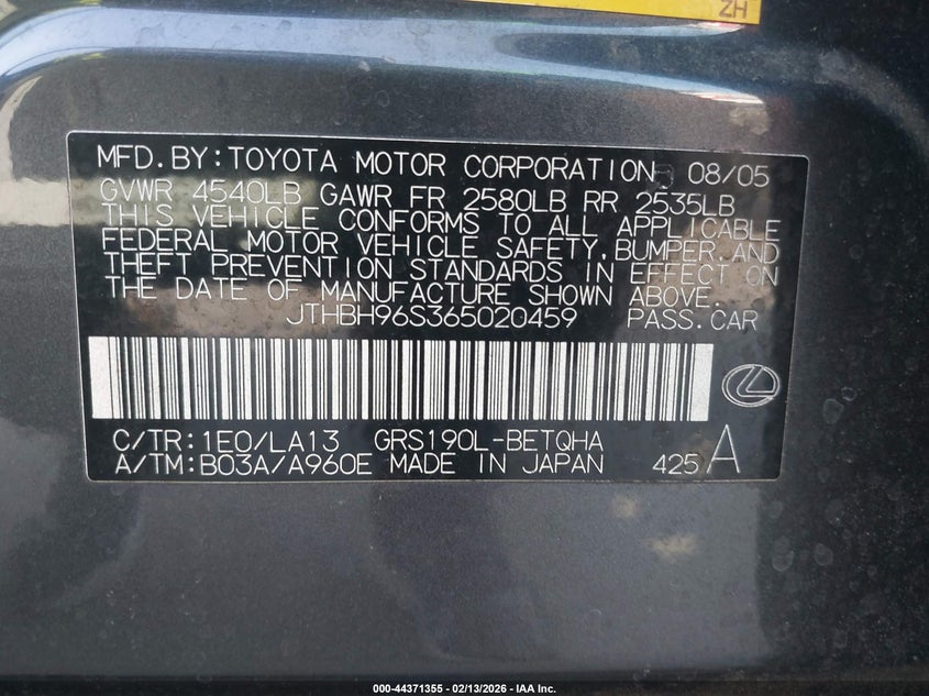 2006 Lexus Gs 300 VIN: JTHBH96S365020459 Lot: 44371355