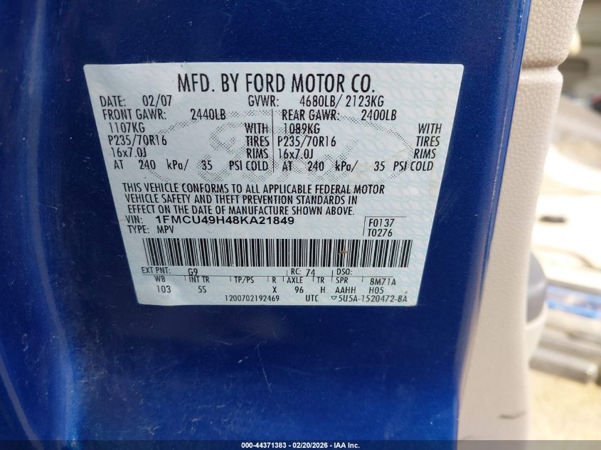2008 Ford Escape Hybrid VIN: 1FMCU49H48KA21849 Lot: 44371383