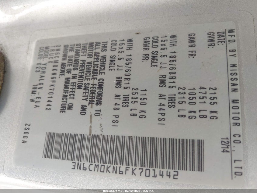 2015 Nissan Nv200 Sv VIN: 3N6CM0KN6FK701442 Lot: 44371719