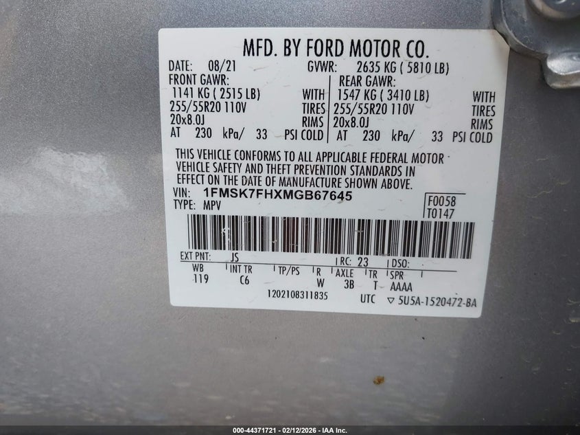 2021 Ford Explorer Limited VIN: 1FMSK7FHXMGB67645 Lot: 44371721