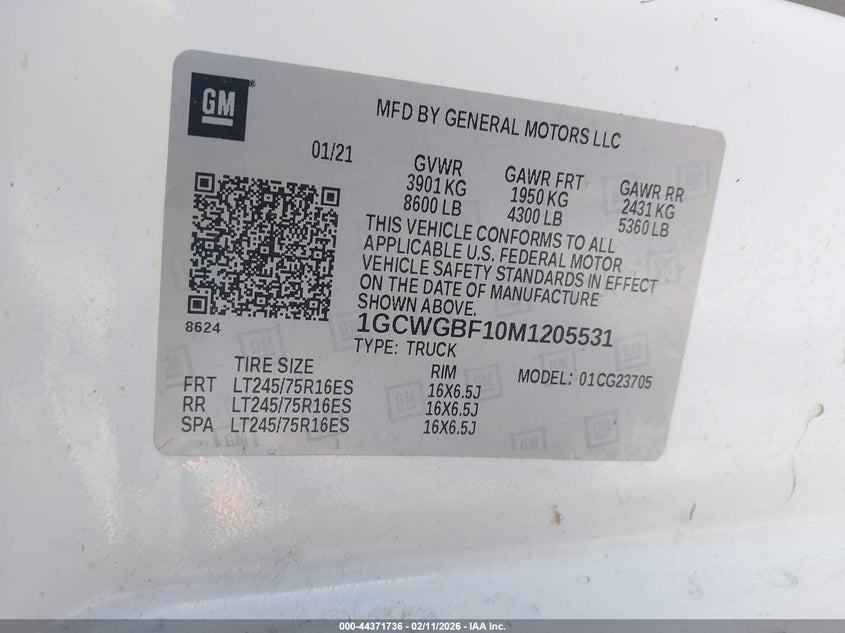 2021 Chevrolet Express Cargo Rwd 2500 Extended Wheelbase Wt VIN: 1GCWGBF10M1205531 Lot: 44371736