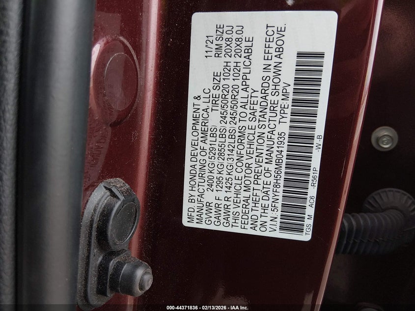 2021 Honda Passport Awd Ex-L VIN: 5FNYF8H56MB041935 Lot: 44371836