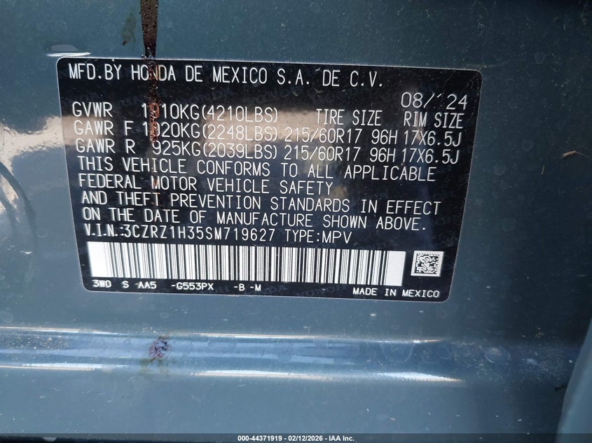 VIN 3CZRZ1H35SM719627 2025 HONDA HR-V LX