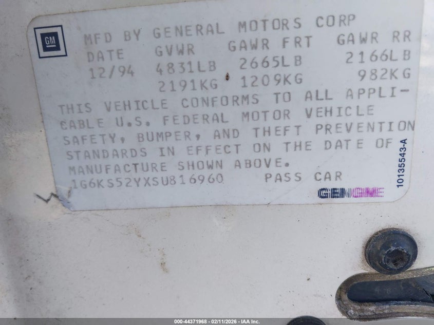 1995 Cadillac Seville Sls VIN: 1G6KS52YXSU816960 Lot: 44371968