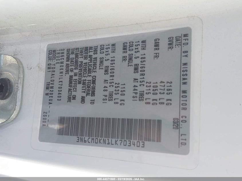 2020 Nissan Nv200 Cargo S Xtronic Cvt VIN: 3N6CM0KN1LK703403 Lot: 44371989