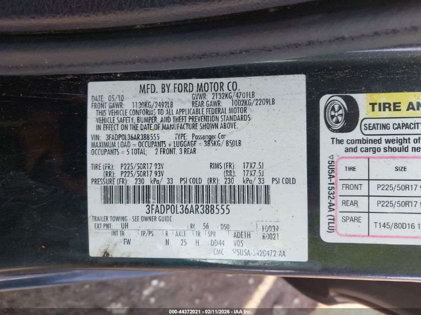 2010 Ford Fusion Hybrid VIN: 3FADP0L36AR388555 Lot: 44372021