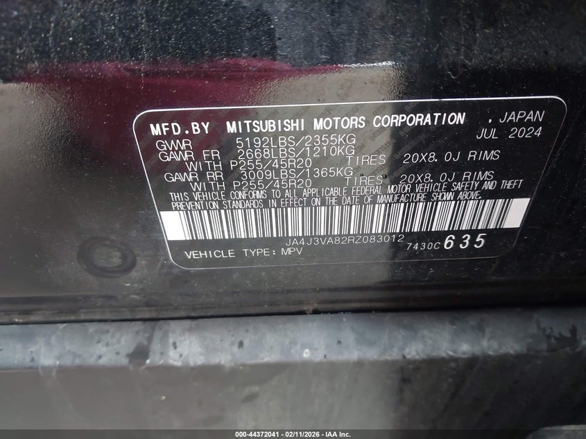 2024 MITSUBISHI OUTLANDER 2.5L I-4 DI, DOHC, V(VIN: JA4J3VA82RZ083012