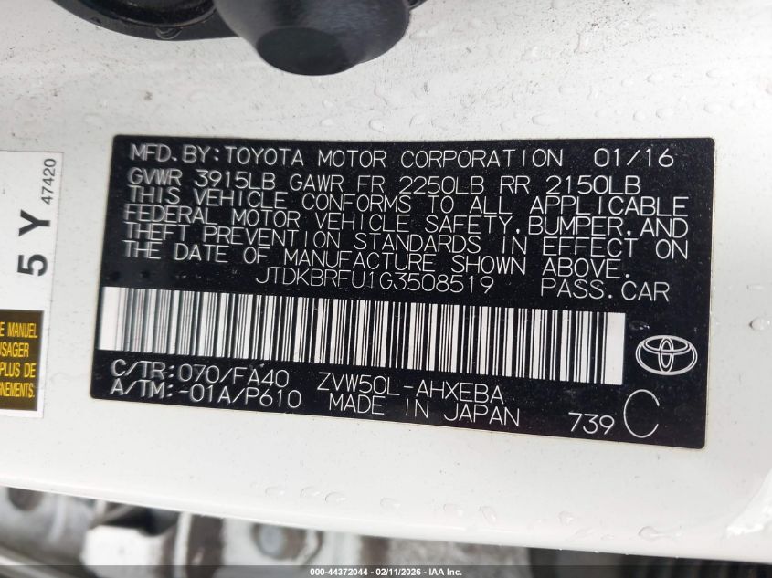 2016 Toyota Prius Two VIN: JTDKBRFU1G3508519 Lot: 44372044