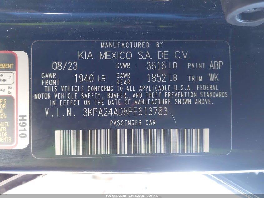 2023 Kia Rio Lx VIN: 3KPA24AD8PE613783 Lot: 44372049