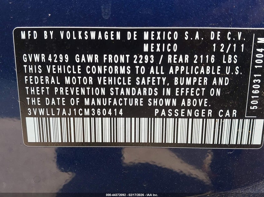 2012 Volkswagen Jetta 2.0 2.0L Tdi blue Lot 111044372092 Vin 3VWLL7AJ1CM360414