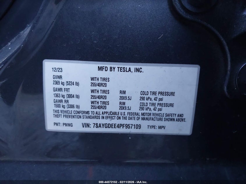 2023 Tesla Model Y Awd/Long Range Dual Motor All-Wheel Drive VIN: 7SAYGDEE4PF957109 Lot: 44372152