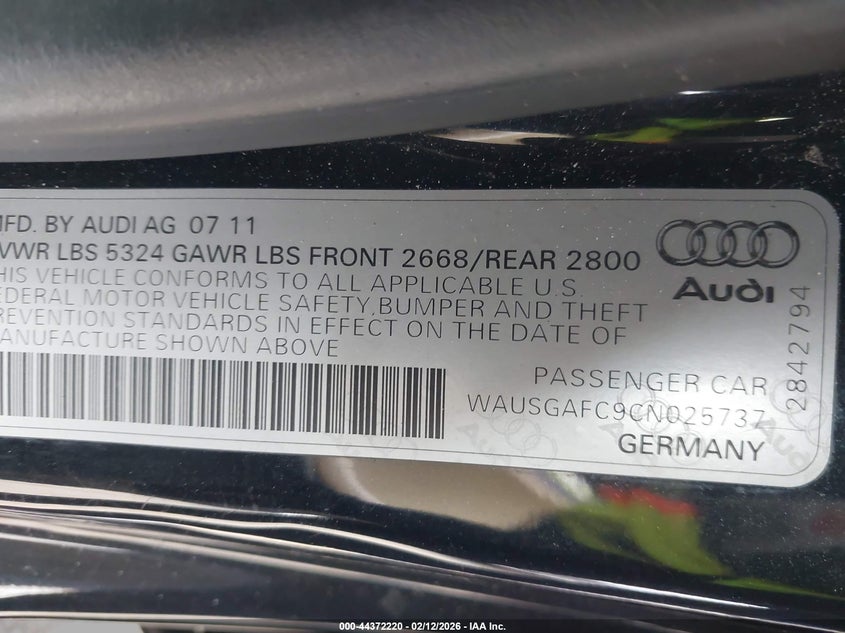 2012 Audi A7 Premium VIN: WAUSGAFC9CN025737 Lot: 44372220