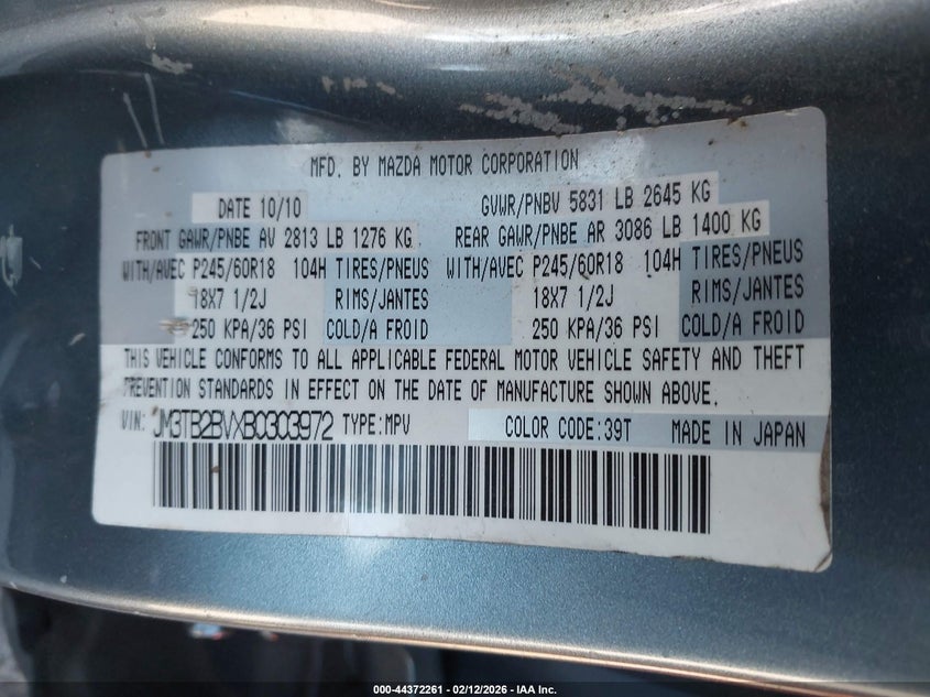 2011 Mazda Cx-9 Sport VIN: JM3TB2BVXB0303972 Lot: 44372261