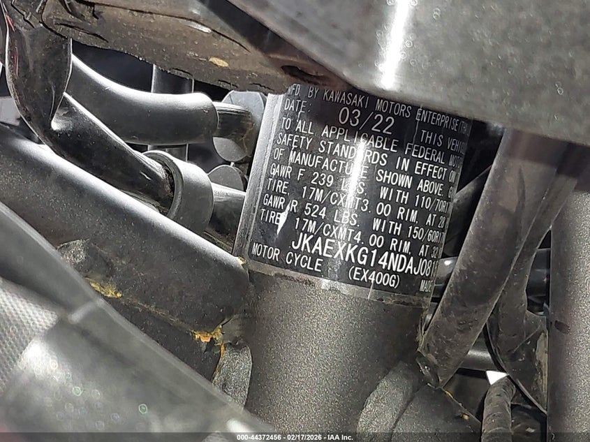 2022 Kawasaki Ex400 VIN: JKAEXKG14NDAJ0815 Lot: 44372456