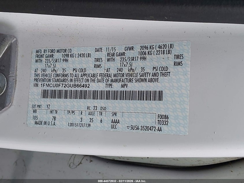 2016 Ford Escape S VIN: 1FMCU0F72GUB66492 Lot: 44372832