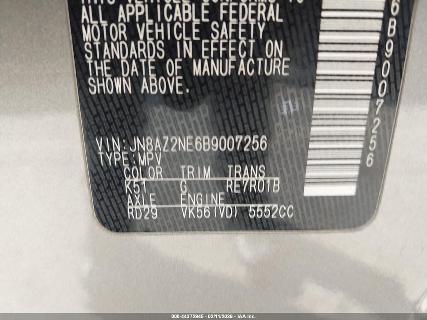 2011 Infiniti Qx56 VIN: JN8AZ2NE6B9007256 Lot: 44372945