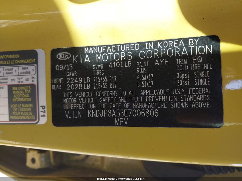 2014 Kia Soul + VIN: KNDJP3A53E7006806 Lot: 44373060