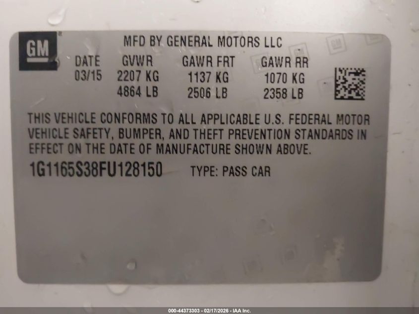 2015 Chevrolet Impala 2Lz VIN: 1G1165S38FU128150 Lot: 44373303