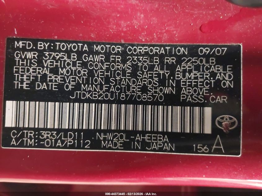 2008 Toyota Prius VIN: JTDKB20U187708570 Lot: 44373445