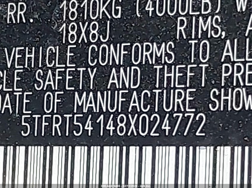 2008 Toyota Tundra Base 4.7L V8 VIN: 5TFRT54148X024772 Lot: 44373485