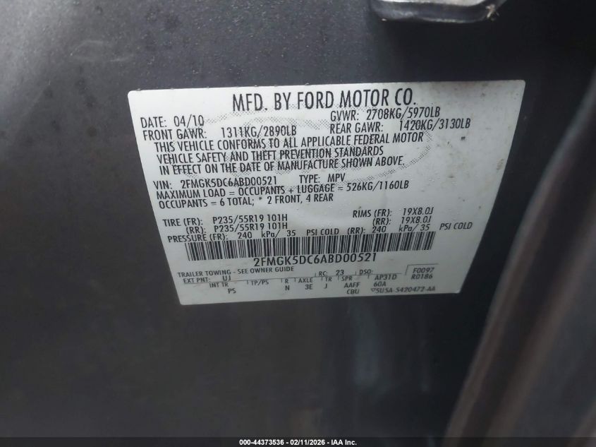 2010 Ford Flex Limited VIN: 2FMGK5DC6ABD00521 Lot: 44373536