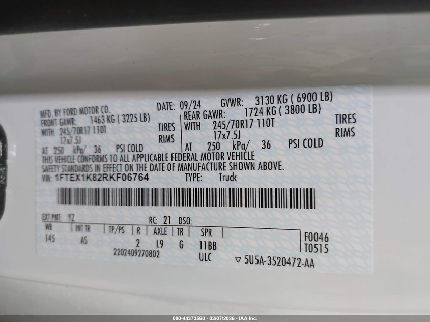 VIN 1FTEX1K82RKF06764 2024 FORD F-150 XL