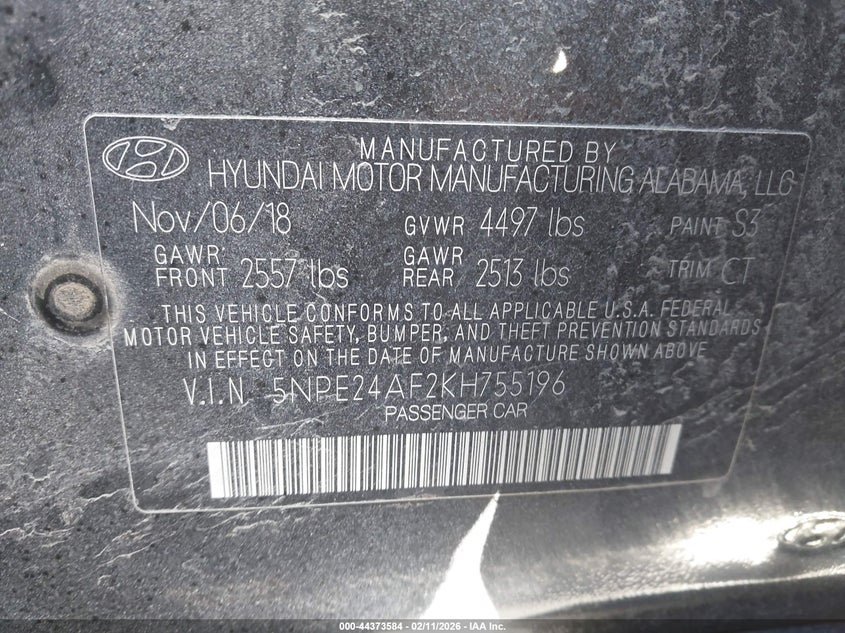 2019 Hyundai Sonata Se VIN: 5NPE24AF2KH755196 Lot: 44373584