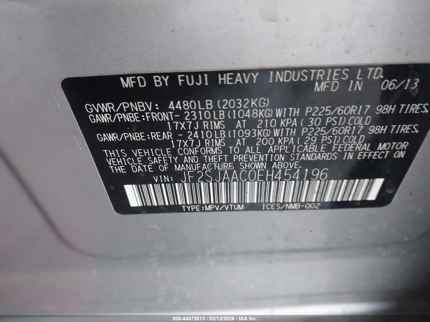 2014 Subaru Forester 2.5I VIN: JF2SJAAC0EH454196 Lot: 44373813