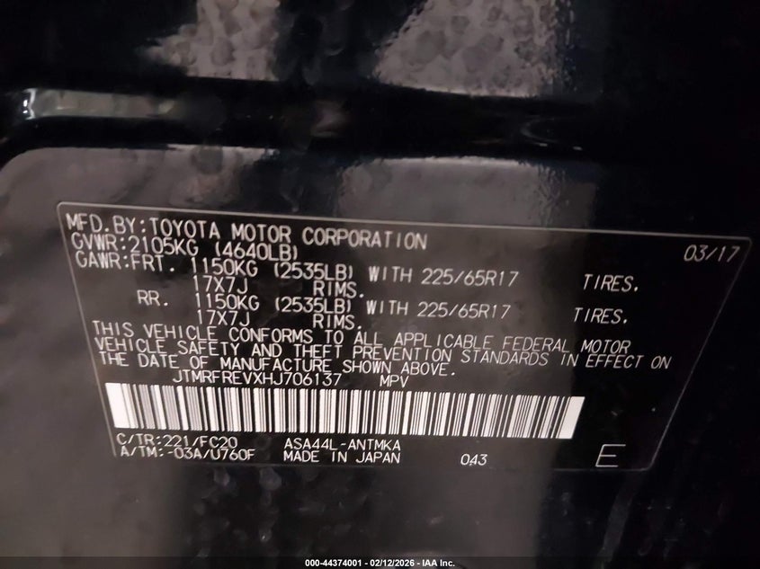 2017 Toyota Rav4 Xle VIN: JTMRFREVXHJ706137 Lot: 44374001