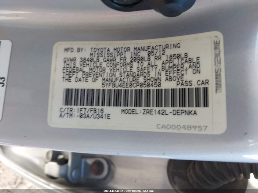 2012 Toyota Corolla Le VIN: 5YFBU4EE0CP050450 Lot: 44374082