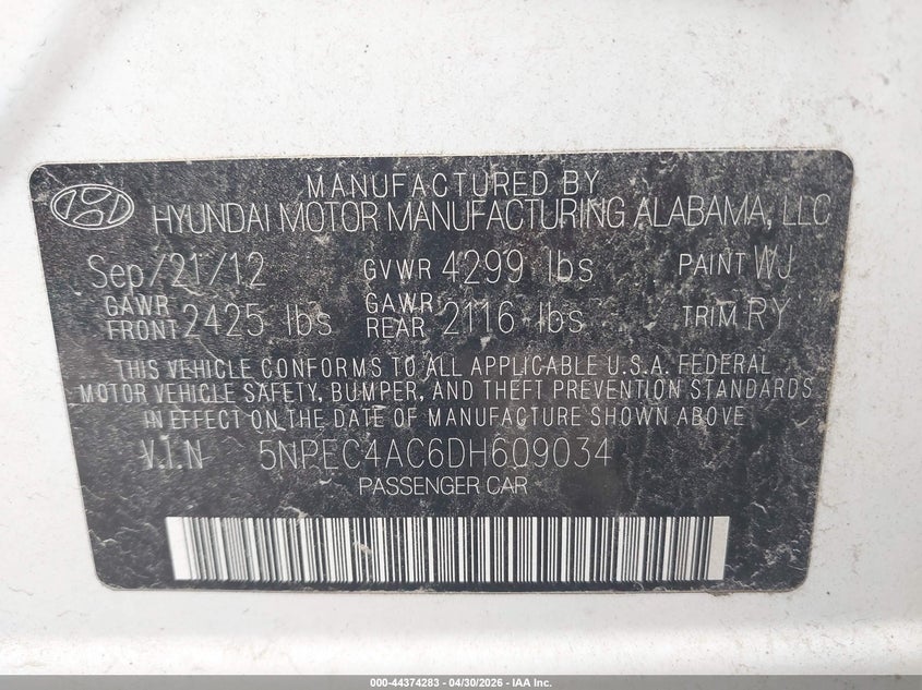 2013 HYUNDAI SONATA SEDAN 2.4L I-4 DI, DOHC, VVT, 198HP