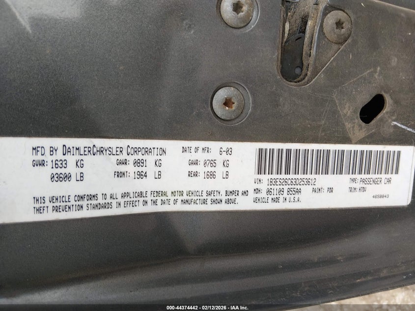 2002 Dodge Neon VIN: 1B3ES26C52D522584 Lot: 44374442
