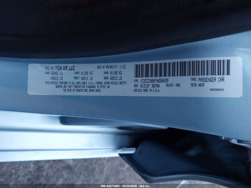 2015 Chrysler 200 Limited VIN: 1C3CCCABXFN658429 Lot: 44374493