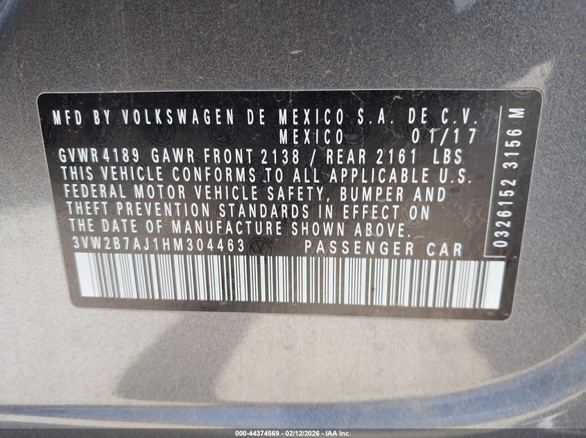 2017 Volkswagen Jetta 1.4T S VIN: 3VW2B7AJ1HM304463 Lot: 44374569