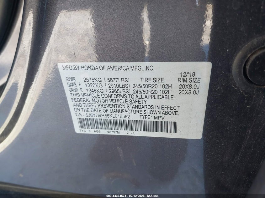 2019 Acura Mdx Tech Pkg VIN: 5J8YD4H55KL016552 Lot: 44374574