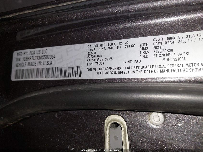 2021 Ram 1500 Classic Warlock 4X4 5'7 Box VIN: 1C6RR7LTXMS507064 Lot: 44374794