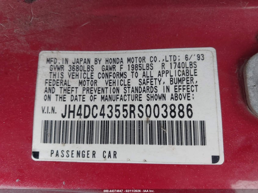 1994 Acura Integra Ls VIN: JH4DC4355RS003886 Lot: 44374847