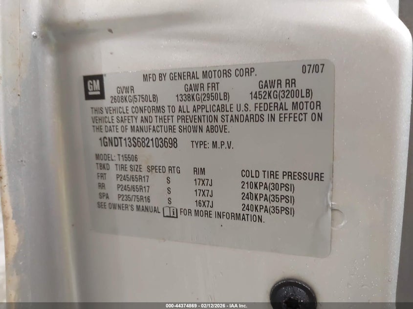 2008 Chevrolet Trailblazer Lt VIN: 1GNDT13S682103698 Lot: 44374869